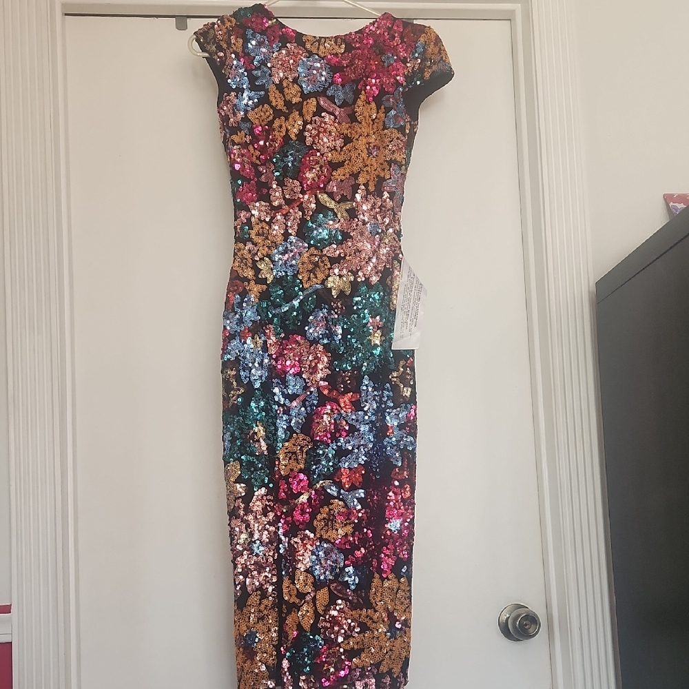 Pink and Orange Sheath Midi Dress with Cap Sleeves DRESS THE POPULATION